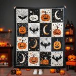 Halloween Quilt Blanket With Pumpkins Bats And Moons, Spooky Black And Orange Throw (2)